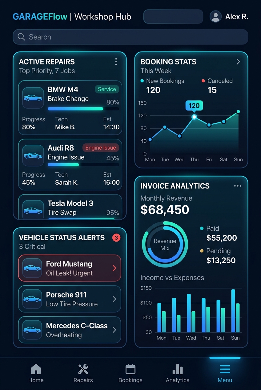 GarageOS Mobile Dashboard Mockup